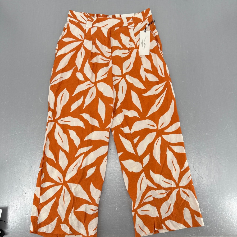 Haven + Blair Orange White Tropical Leaf Wide Leg High Rise Pants Womens XS NEW
